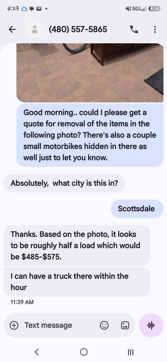 Happy Junk Removal $485 to $575 Scottsdale estimate screenshot