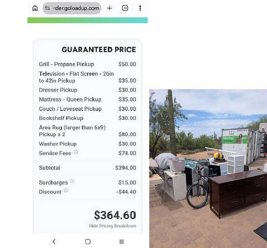 LoadUp $364.60 guaranteed junk removal price screenshot