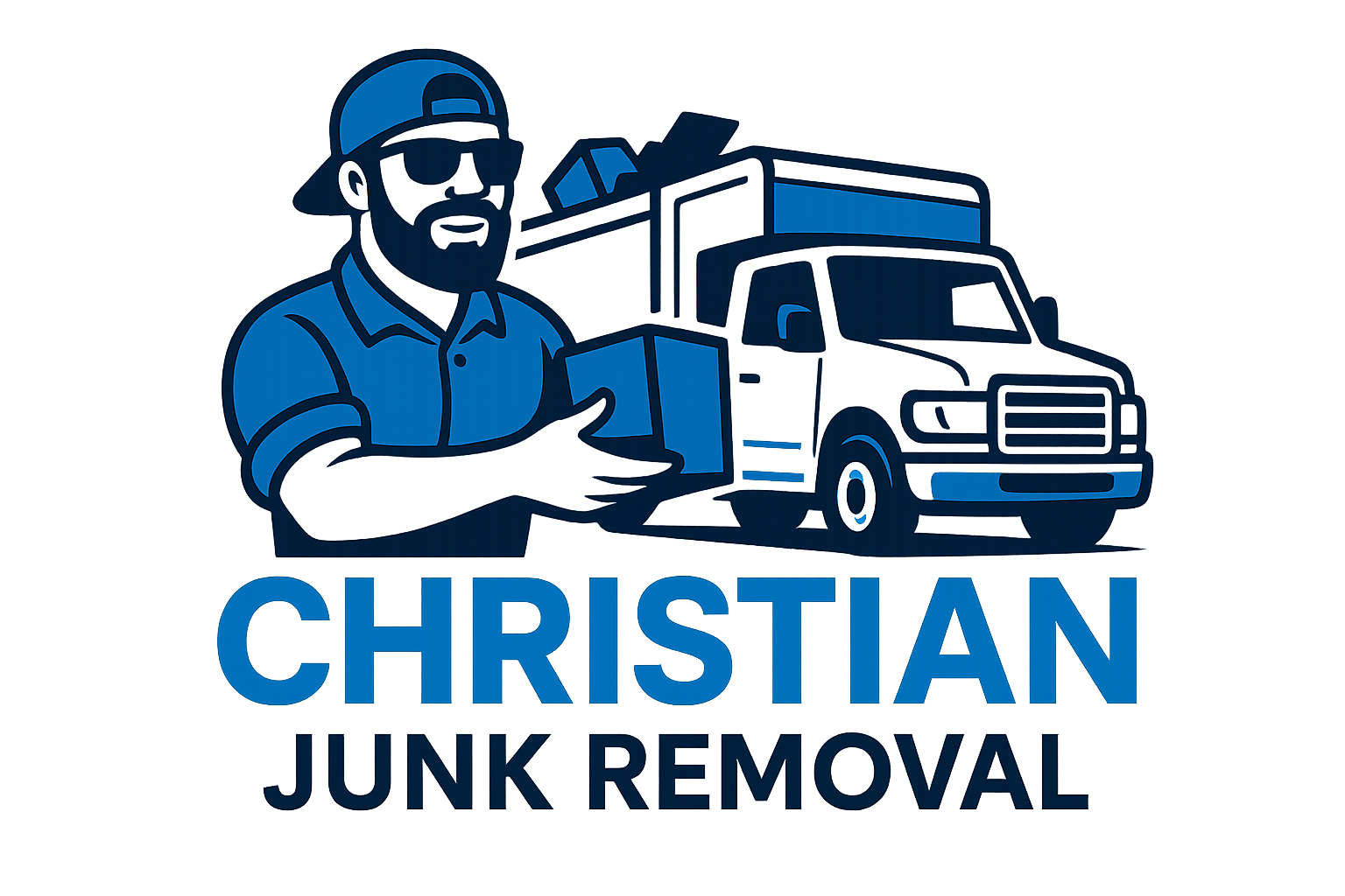 Blue-uniformed man with beard, sunglasses, and cap loads boxes onto a white truck;