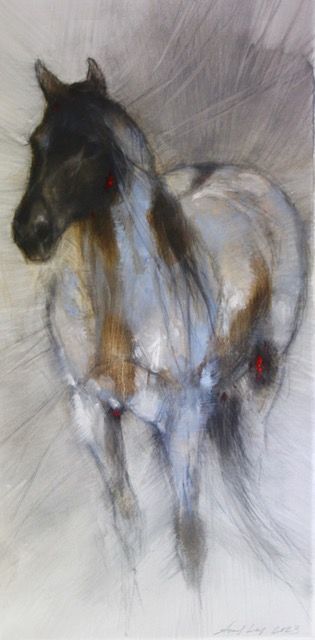 a painting of a brown and white horse running on a white background .
