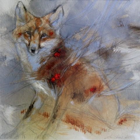 a painting of a fox with red berries