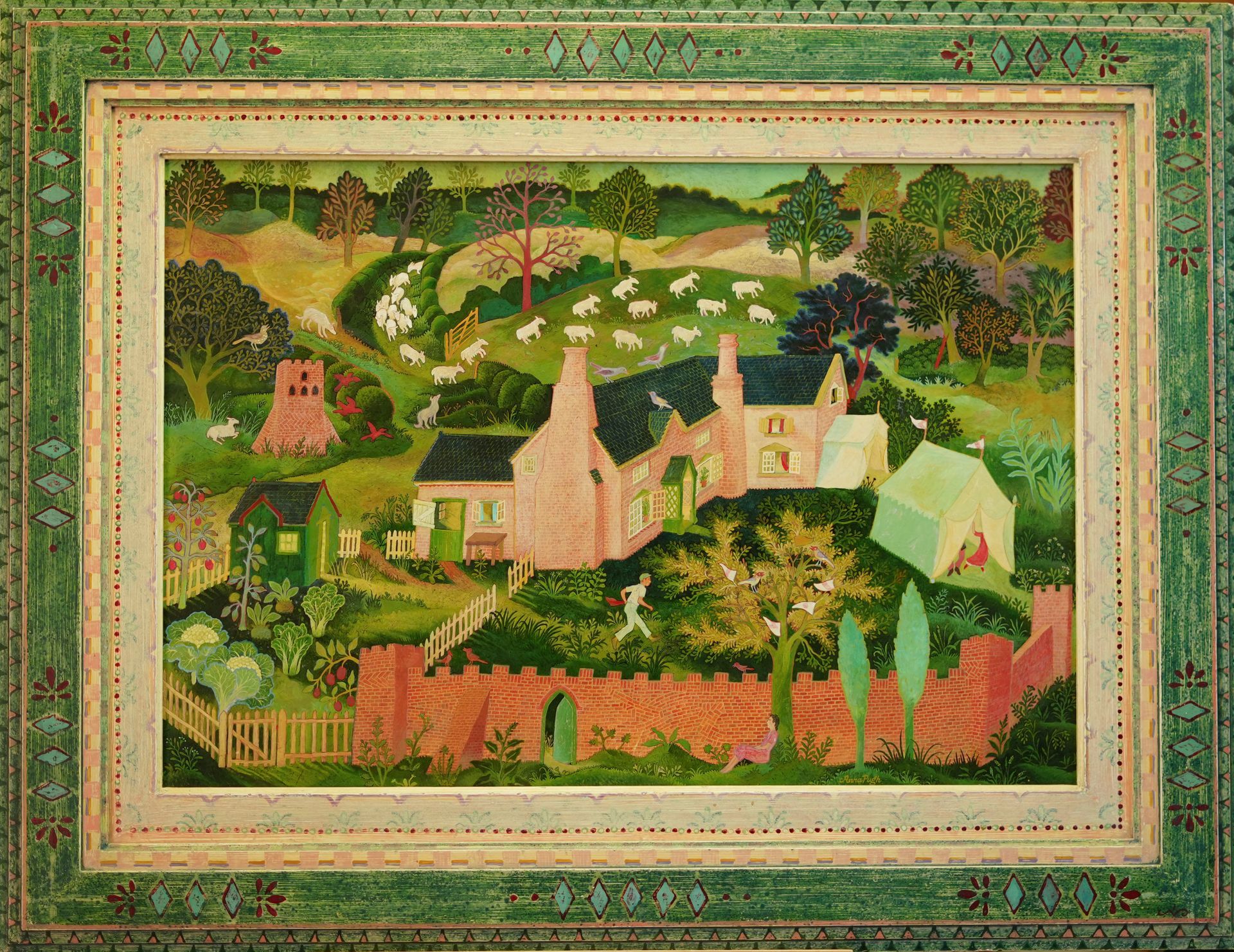 Painting of a pink building with chimneys, sheep grazing, trees, and a green and red decorative frame.
