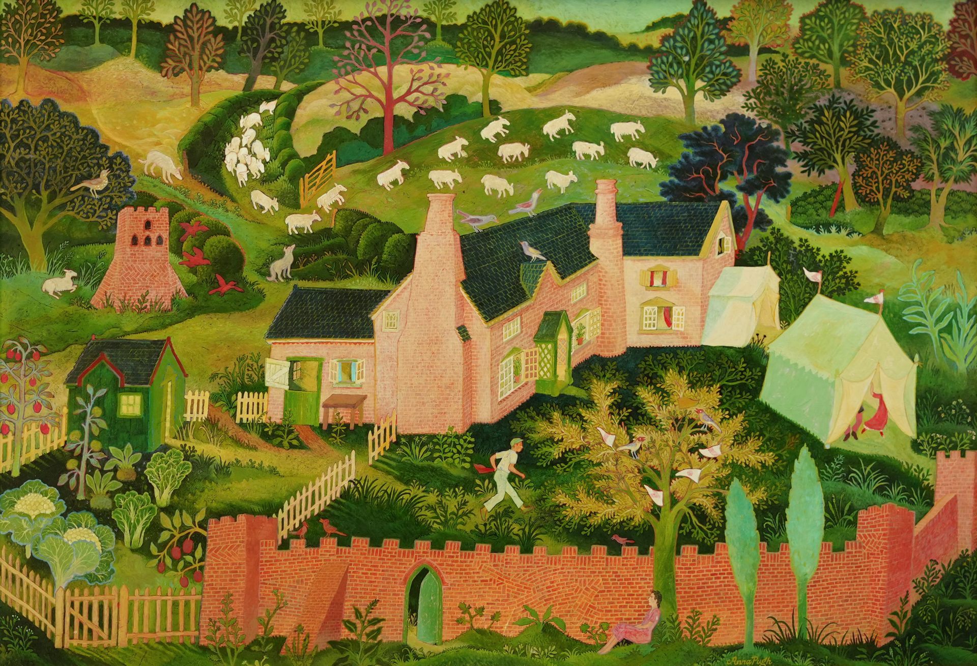 Painting of a pink building with chimneys, sheep grazing, trees, and a green and red decorative frame.