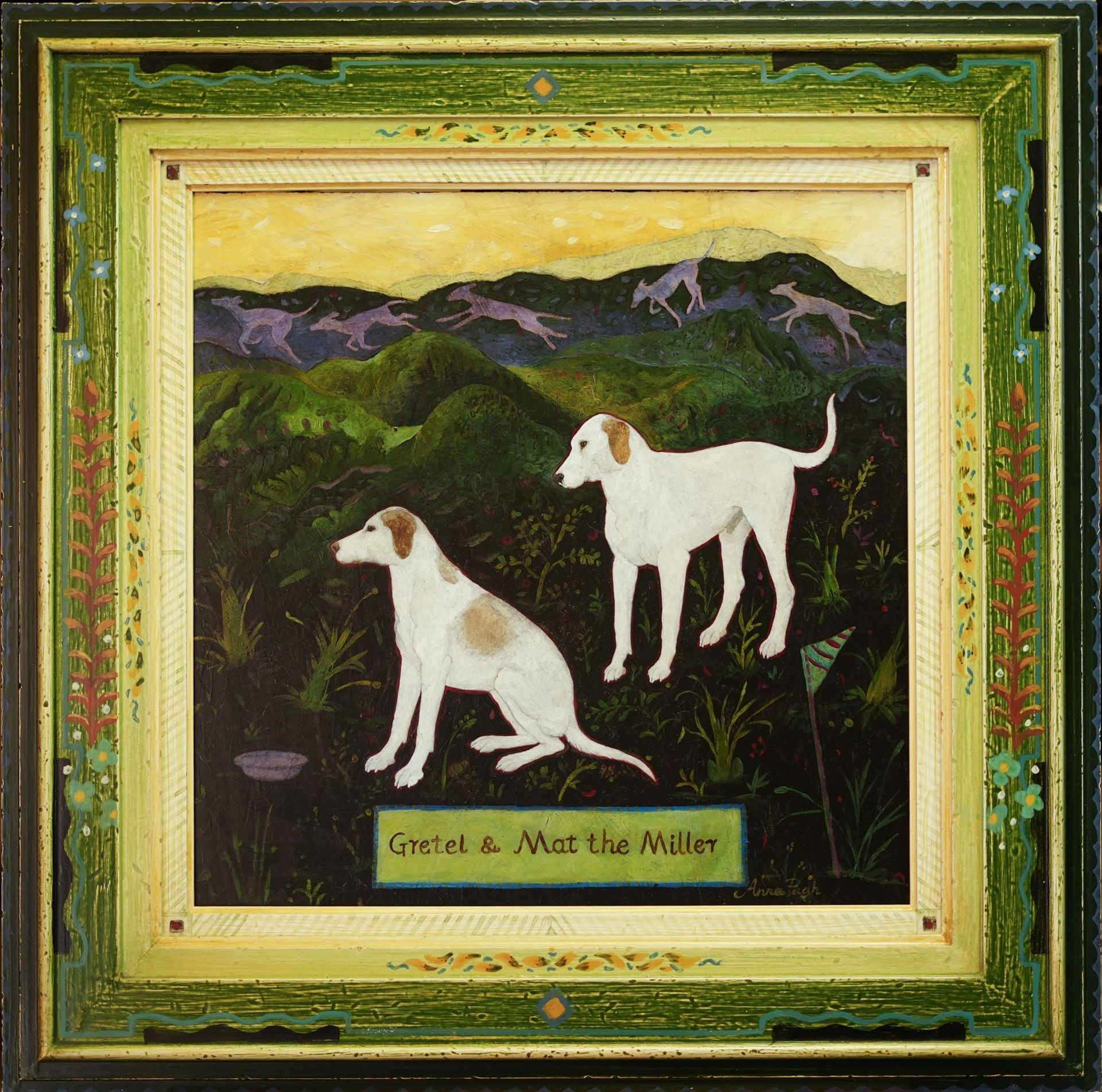 Painting of two white dogs in a field with a mountain backdrop. Dogs are facing left and right.