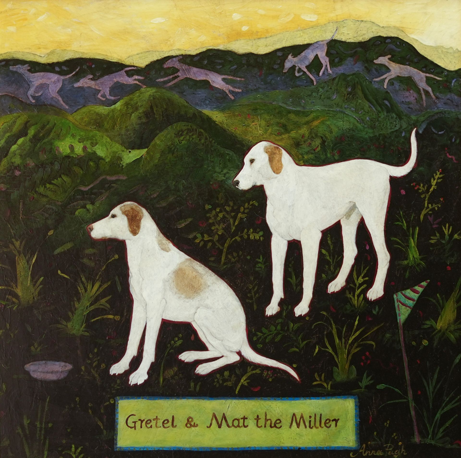 Painting of two white dogs in a field with a mountain backdrop. Dogs are facing left and right.