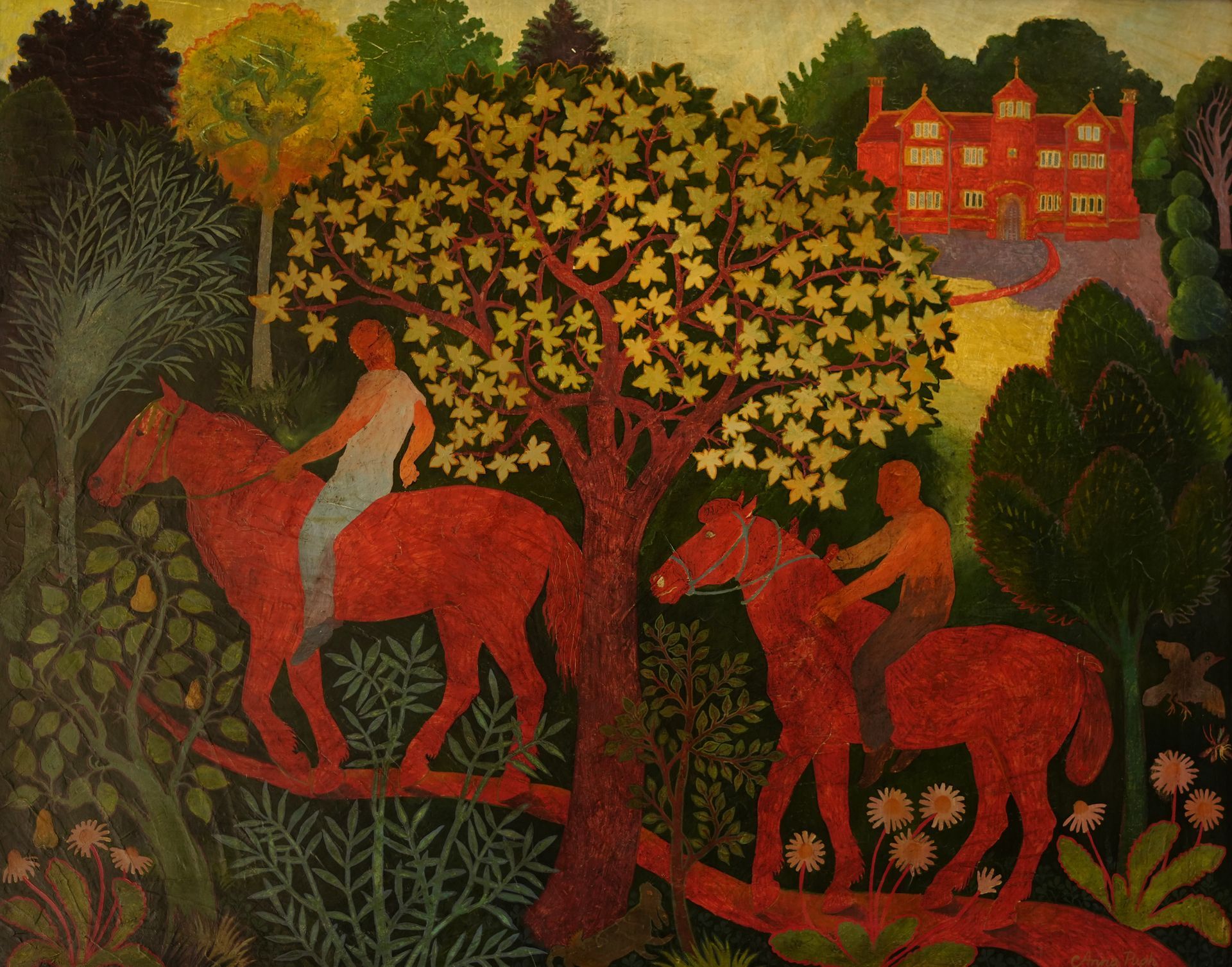 Two riders on reddish horses under a gold-leaf tree, a red house in the background.