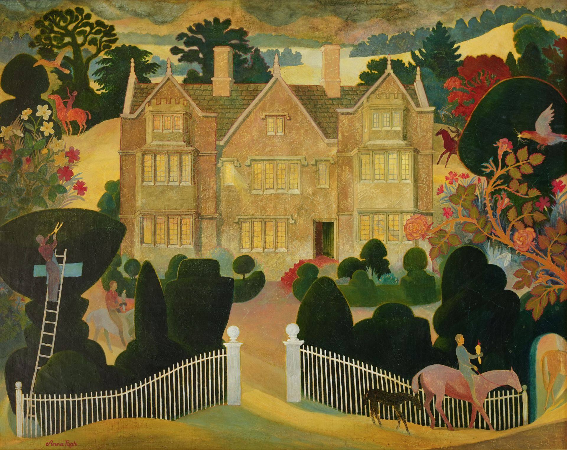 Large house with a garden, gate, and people on horseback; evening light.
