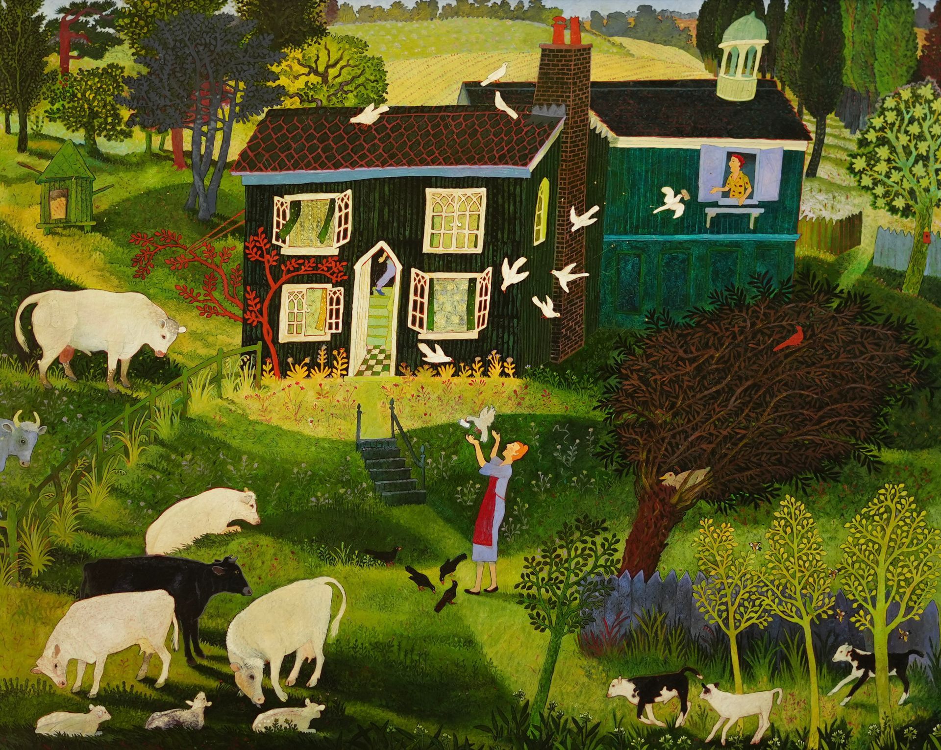 Farmhouse scene, sheep graze in a grassy yard, woman walks by with birds and trees, green and brown buildings.