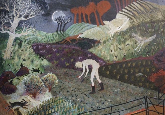 Night scene: pale figure, bent over, in a field with rabbits, a fox, and birds, under a moon.