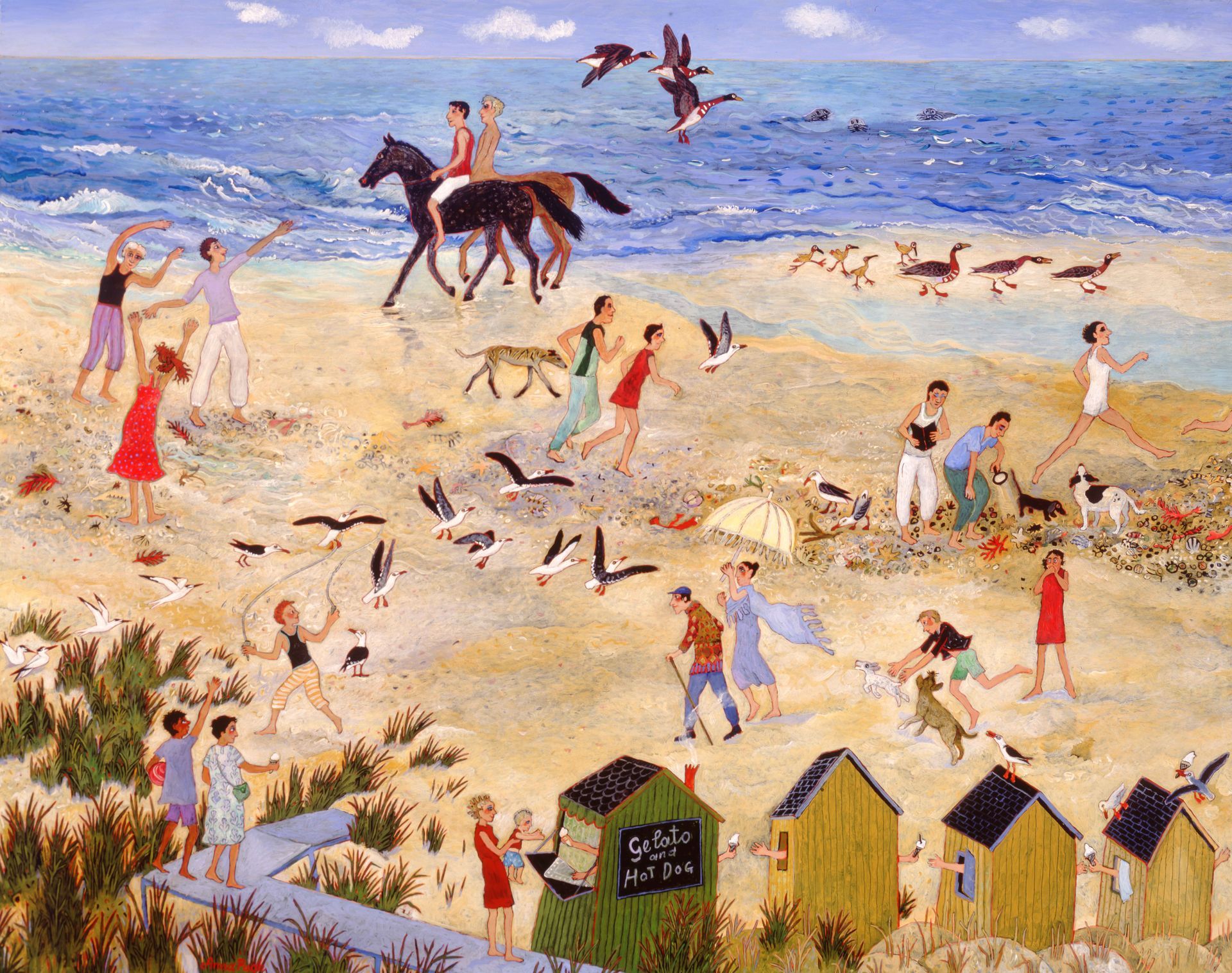 Beach scene with people, horses, birds, and small houses on the sand near the ocean.