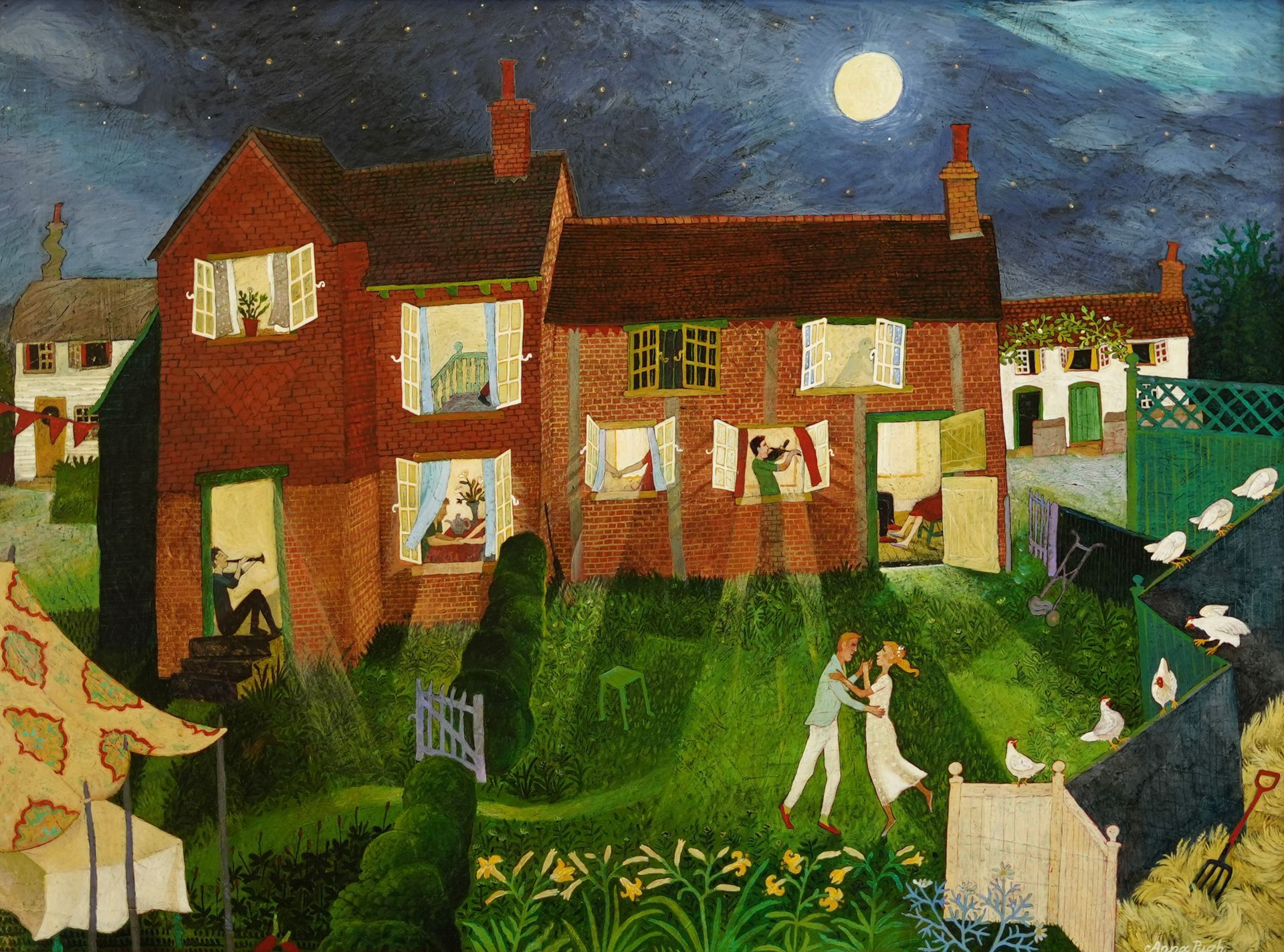 Night scene: Houses with lit windows, full moon, couple dancing in a garden.