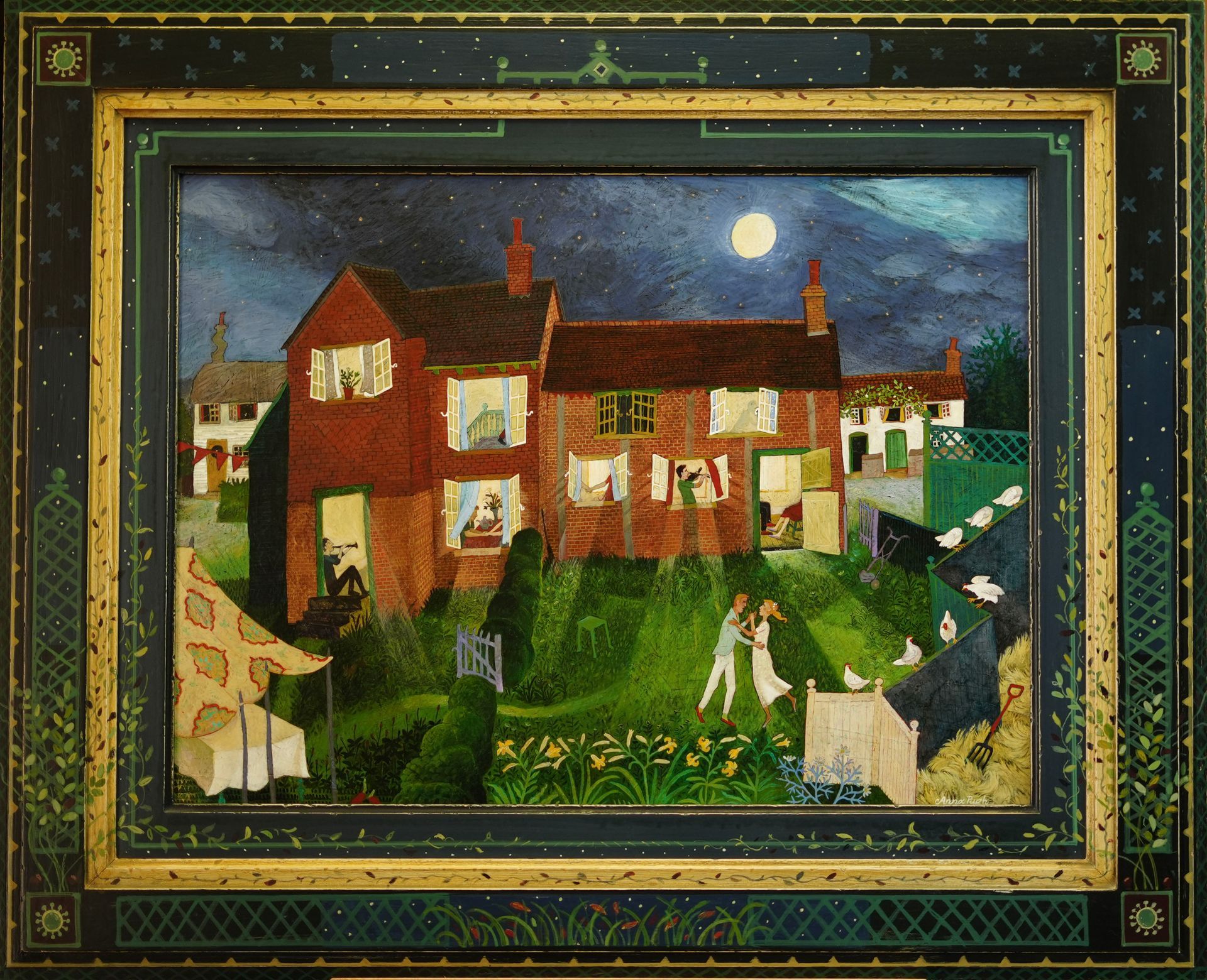 Night scene: Houses with lit windows, full moon, couple dancing in a garden.