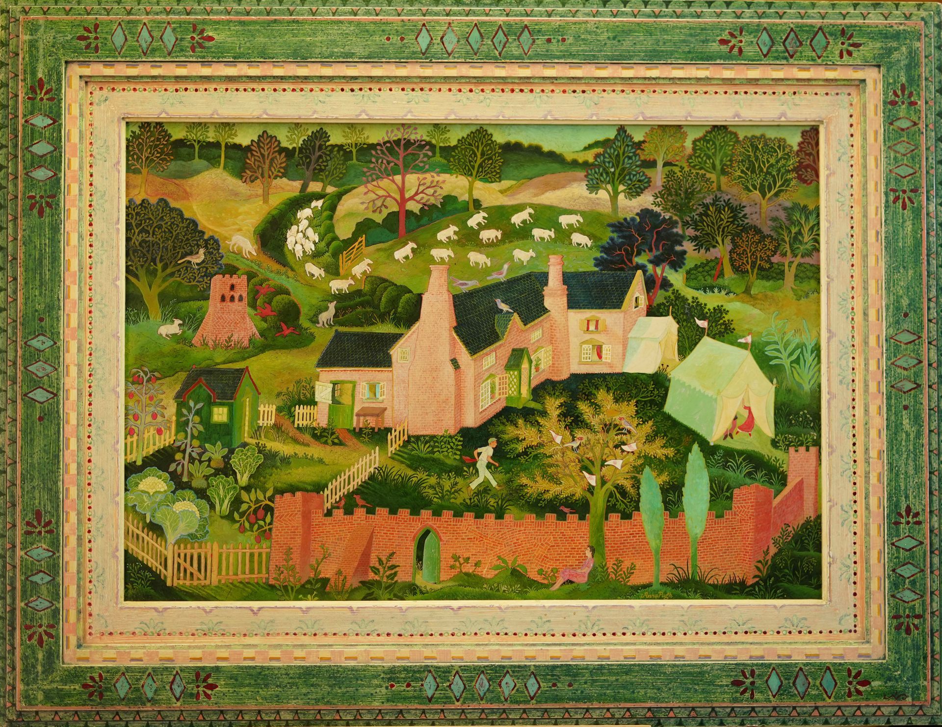 Pink buildings and sheep in a rural landscape, framed in green.