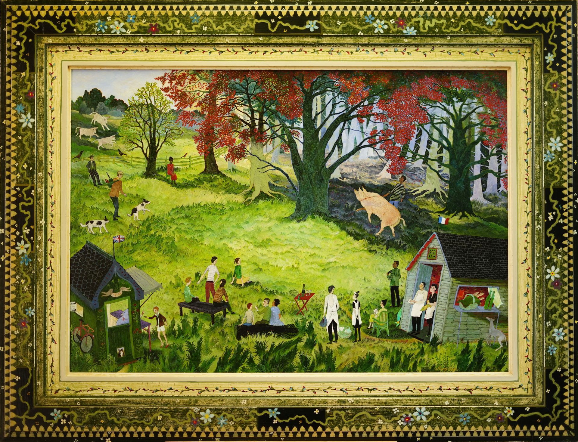 Green landscape with people, trees, and a pig, within a decorated frame.