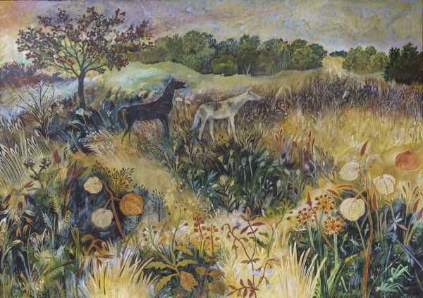 Two horses in a field of wildflowers under a cloudy sky