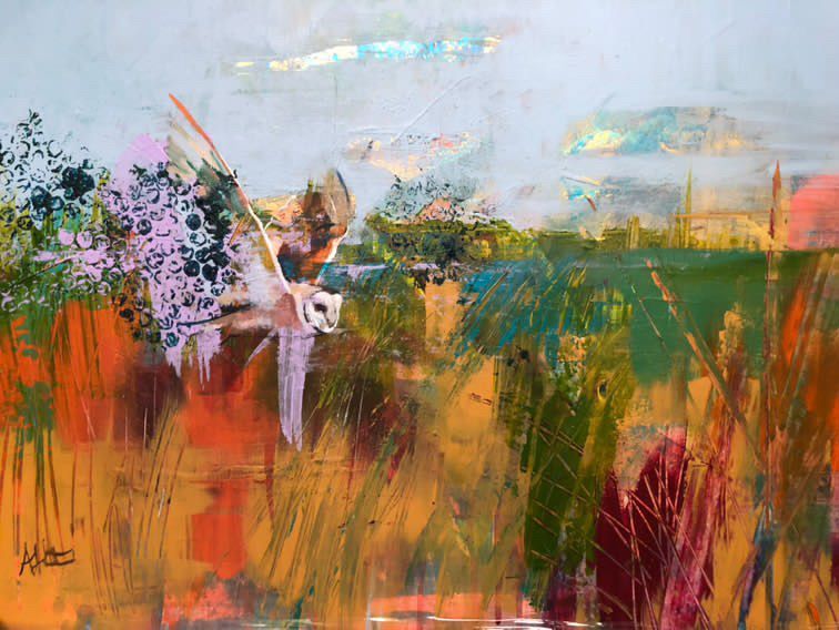 It is a painting of a field with trees and an owl.