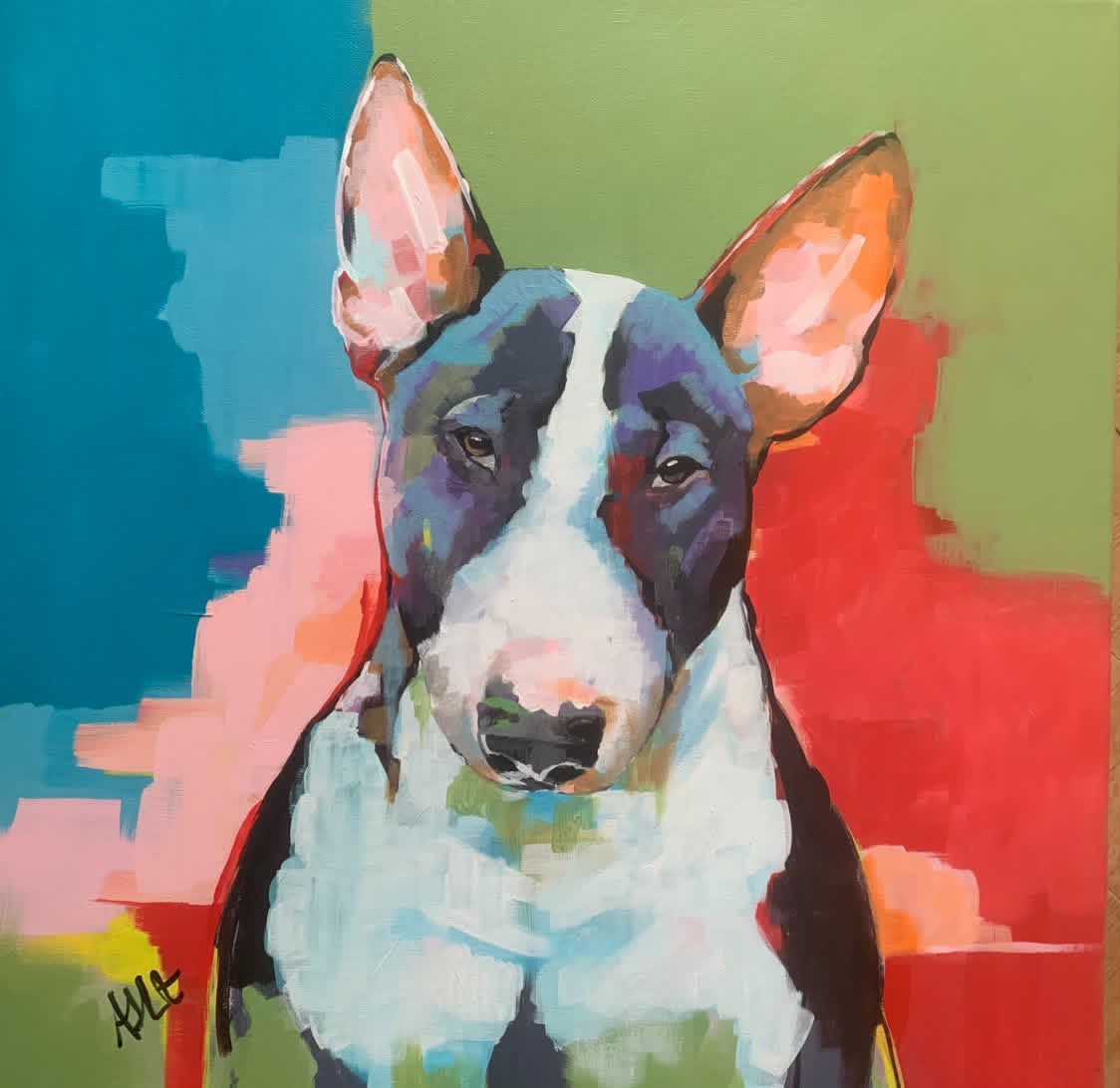 Colorful painting of a black-and-white bull terrier against a pink, red, and green abstract background