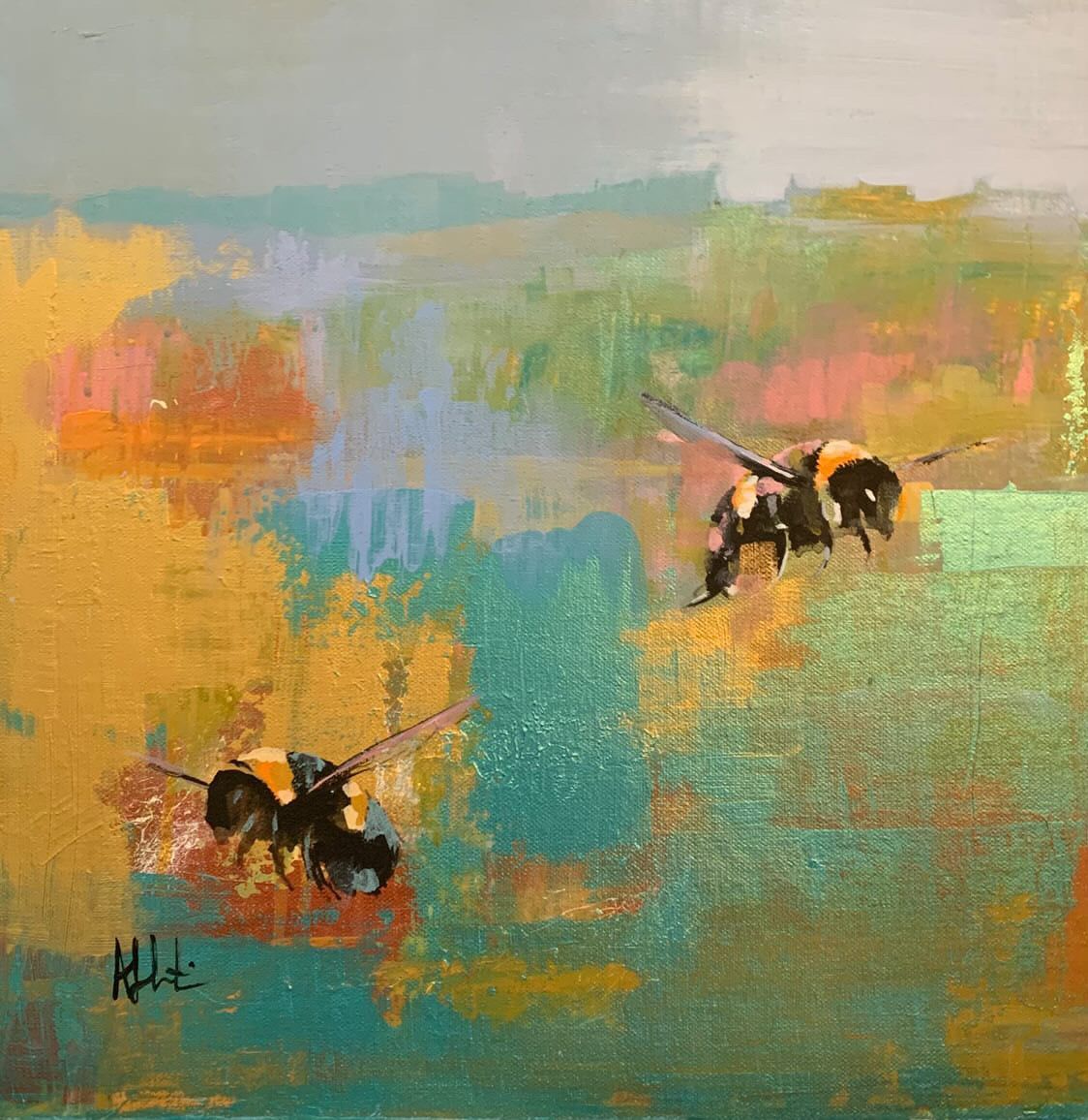 Two bumblebees fly above a field of colorful brushstrokes in yellow, teal, and orange.