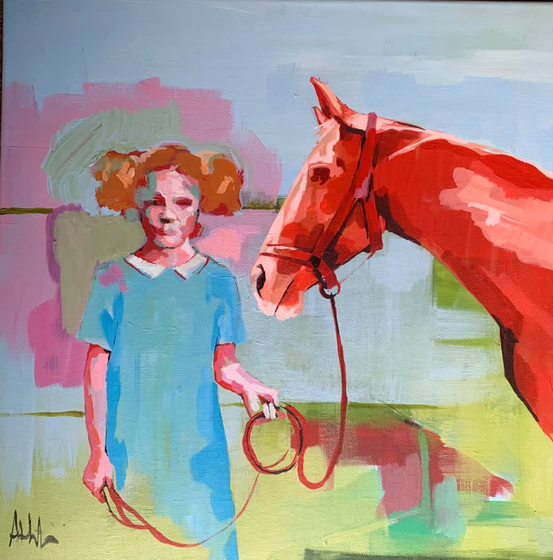Child in a blue dress holding a red rope beside a red horse in a colorful painted scene