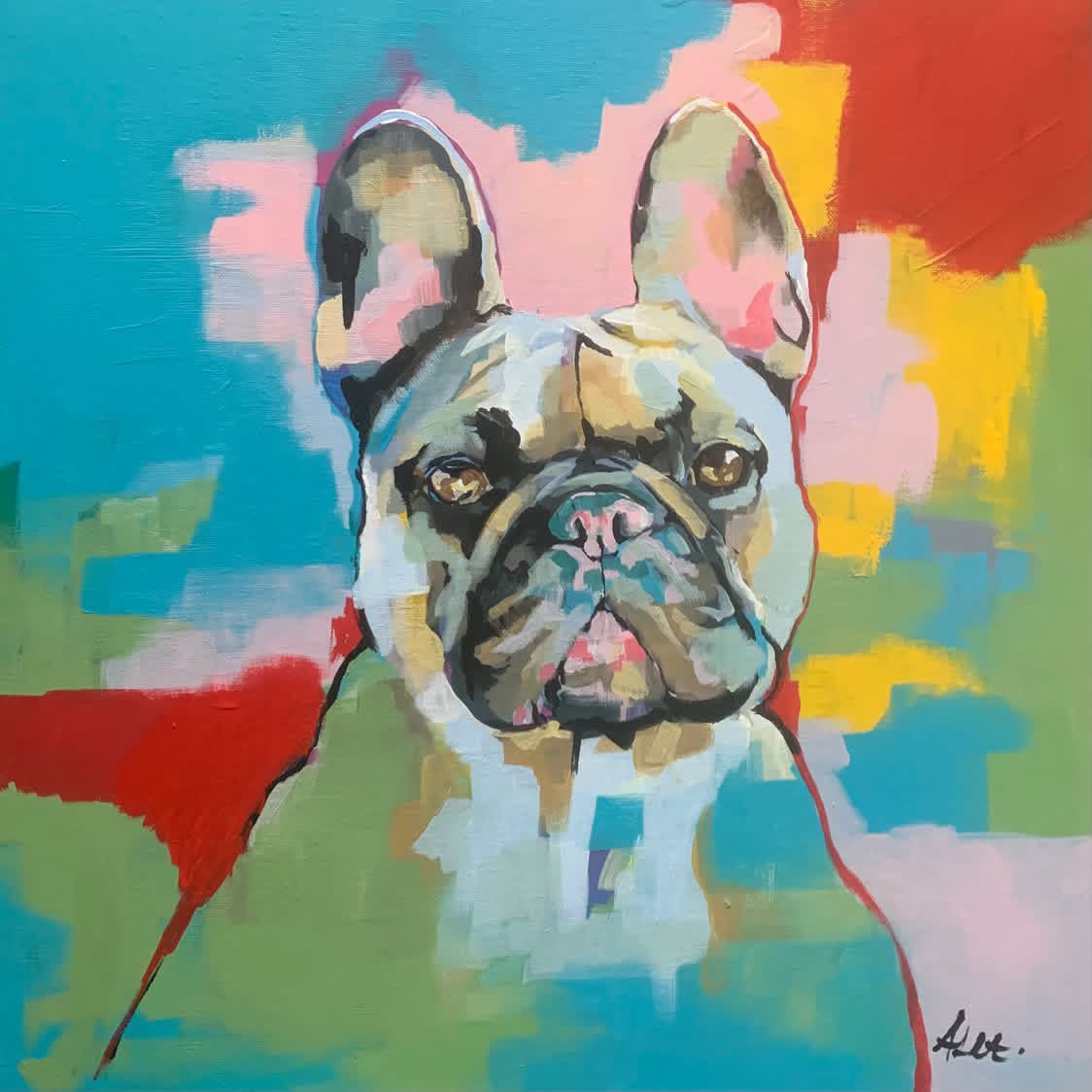 Colorful painting of a French bulldog with large ears against a bright abstract background