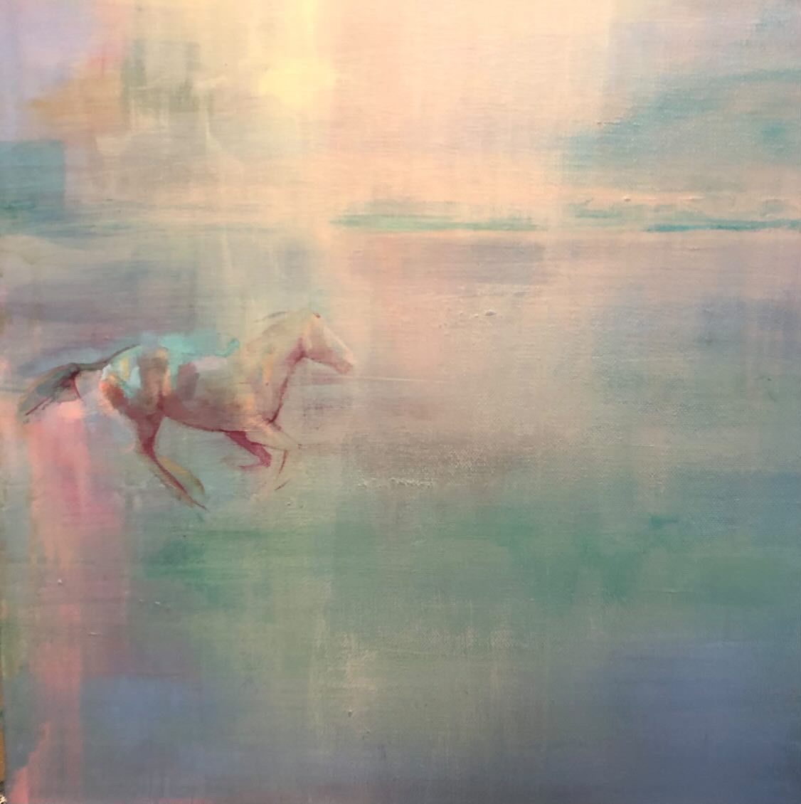 It is a painting of a horse running in the water.