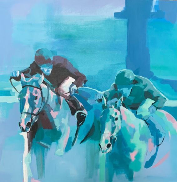 A painting of two men riding horses in a race