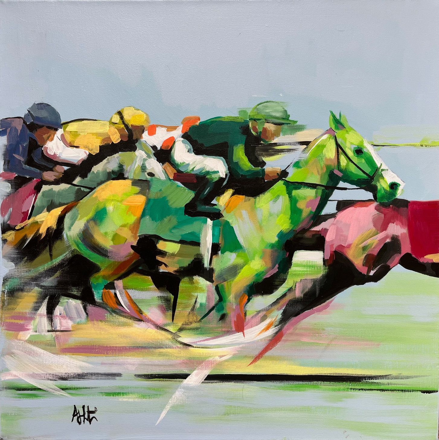 Racehorses with jockeys, depicted in expressive green, yellow, and pink hues, racing on a track.
