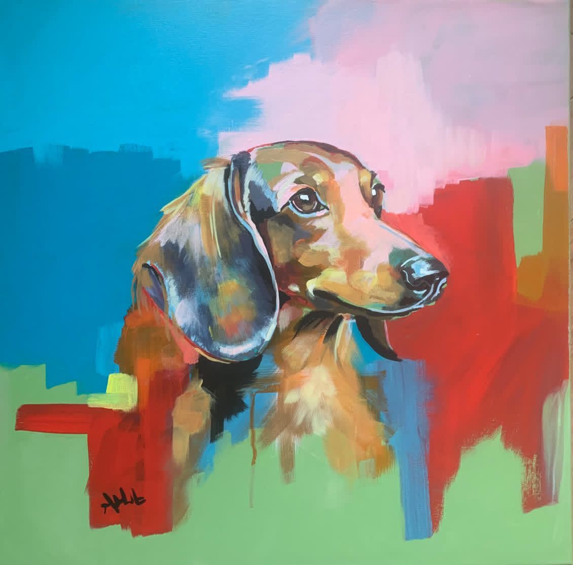Colorful painting of a dachshund in profile against a bright abstract background.