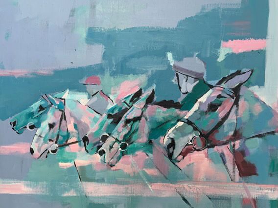 A painting of horses and jockeys racing in a race.