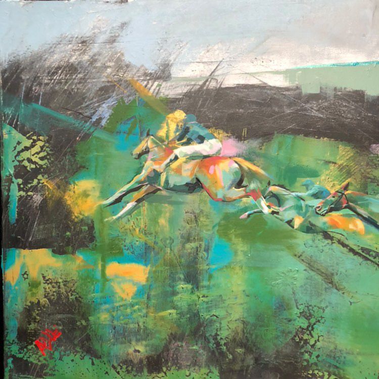 A painting of a man riding a horse in a field