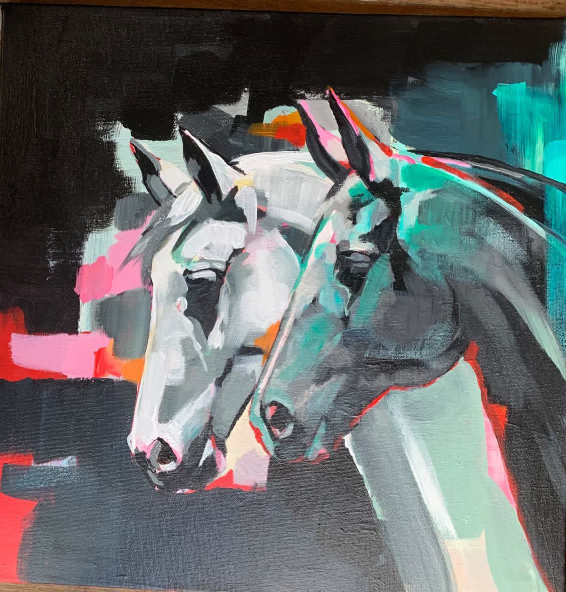 Abstract painting of two horses facing each other in white, gray, pink, and teal tones