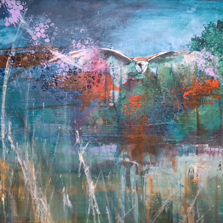 A painting of a bird flying over a lake with trees in the background.