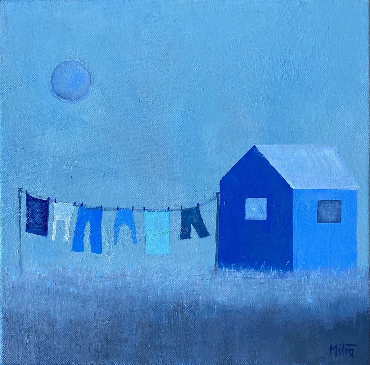 Blue house with laundry on a line, in a muted, monochromatic landscape. A blue moon in the sky.