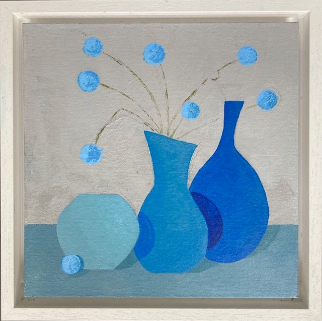 Blue vase still life with abstract flowers on a gray and teal background