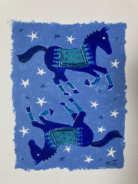 Two blue horses leaping against a starry, blue background. Both horses wear turquoise blankets.
