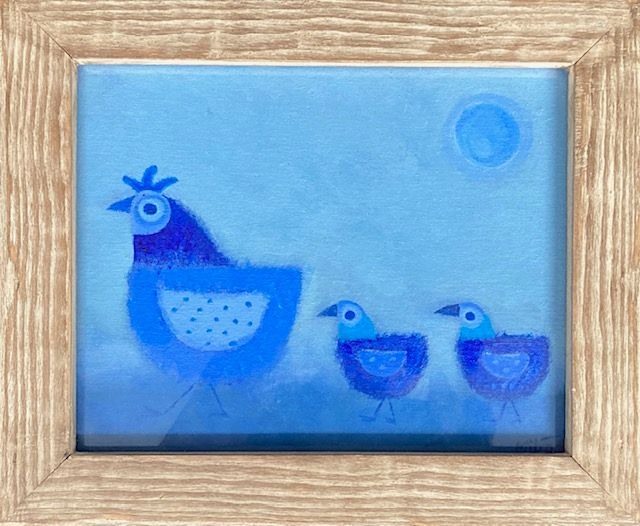Blue painting of a hen with two chicks on a light blue background, framed in wood.