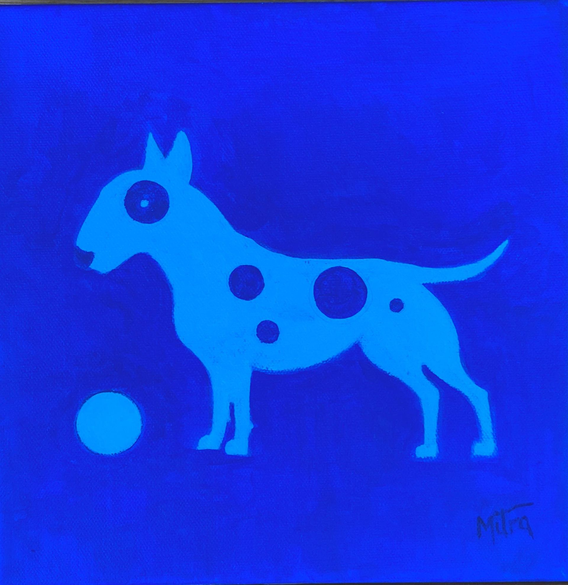 Blue silhouette of a dog with dark spots standing beside a small blue ball on a blue background
