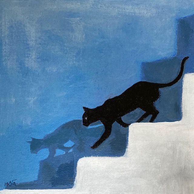Black cat descends white stairs against blue wall; its shadow visible.