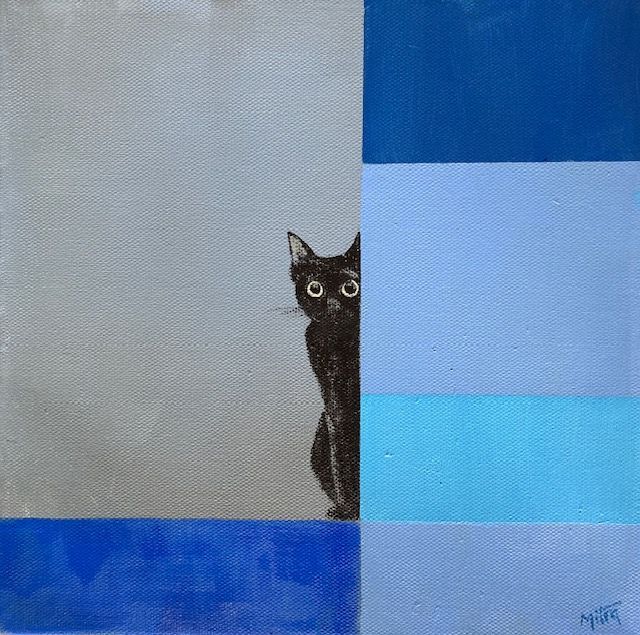 Black cat peeking from behind a gray and blue color-blocked background.