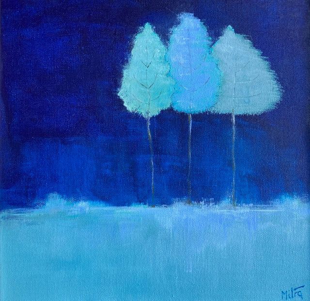 Three stylized trees in shades of blue and teal against a dark blue sky.