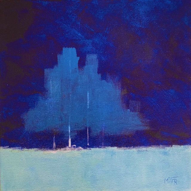 Blue-toned painting: a forest silhouette against a dark, stormy sky.