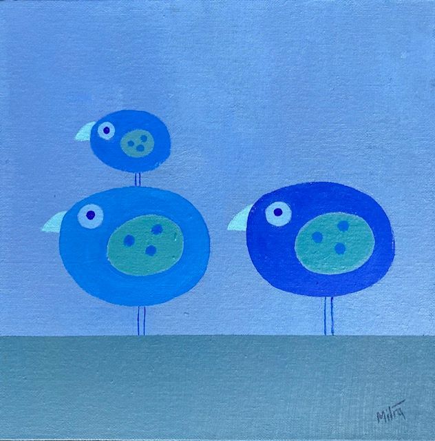 Three blue stylized birds with green bellies stand on thin legs against a blue background.