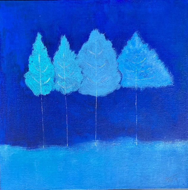 Blue-toned painting of four stylized trees against a deep blue background, above a lighter blue foreground
