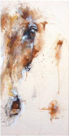 a close up of a painting of a Horse 's head on a white background .