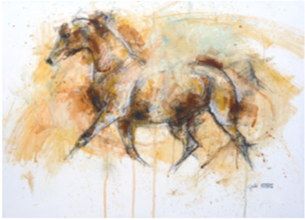 a painting of a horse running on a white background .