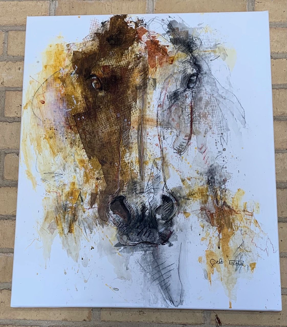 a painting of a brown and white horse