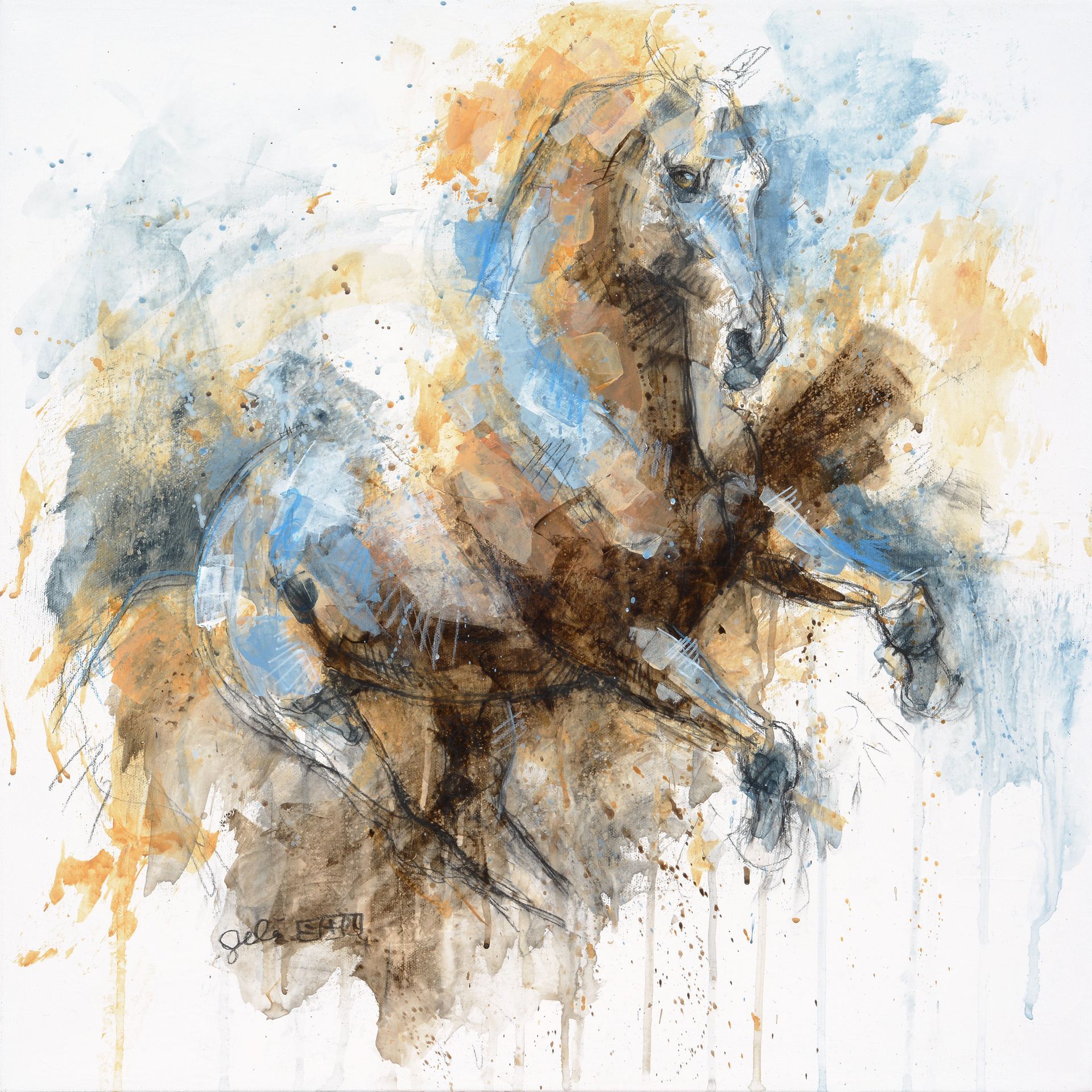 A painting of a brown and blue horse on a white background