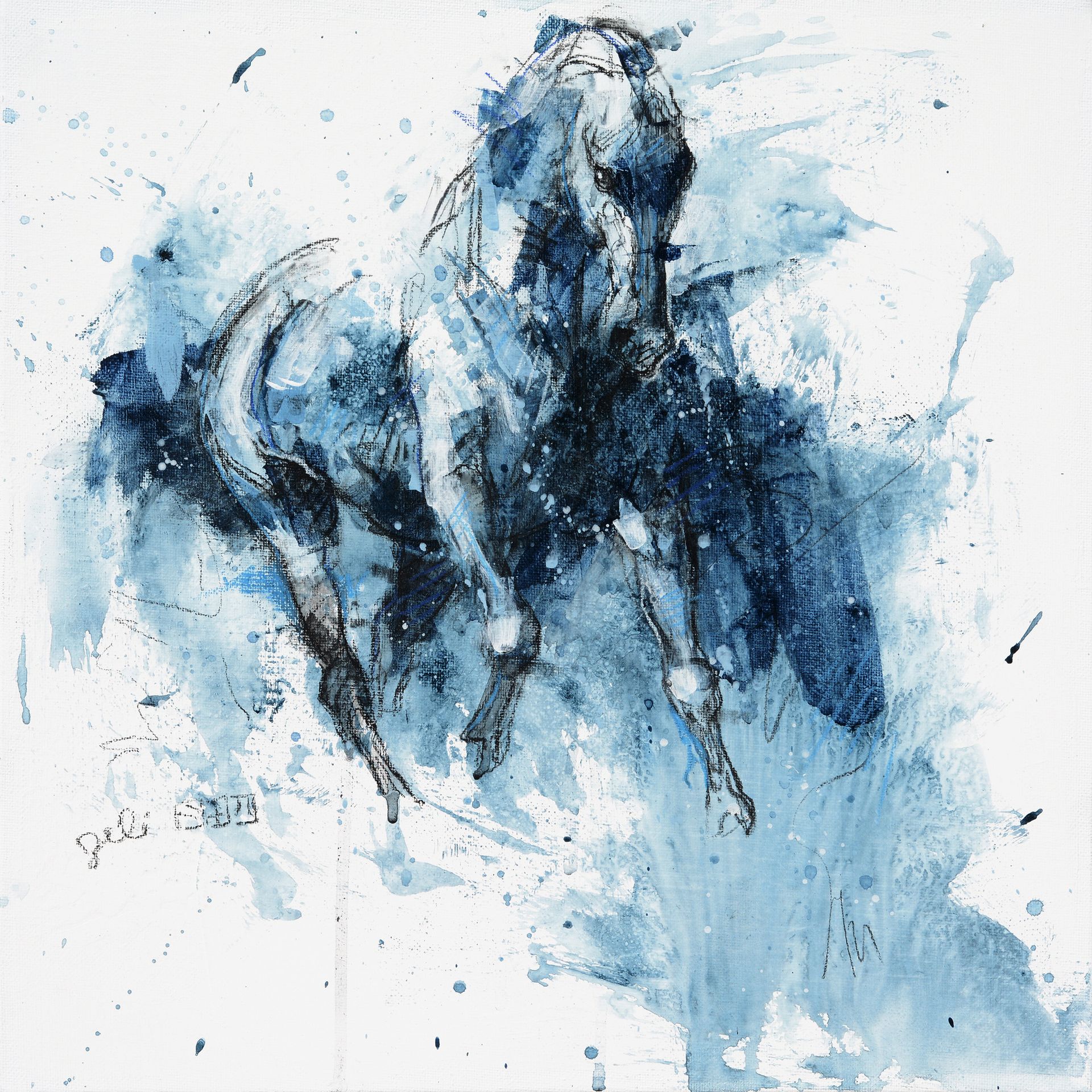 A blue and white painting of a horse on a white background