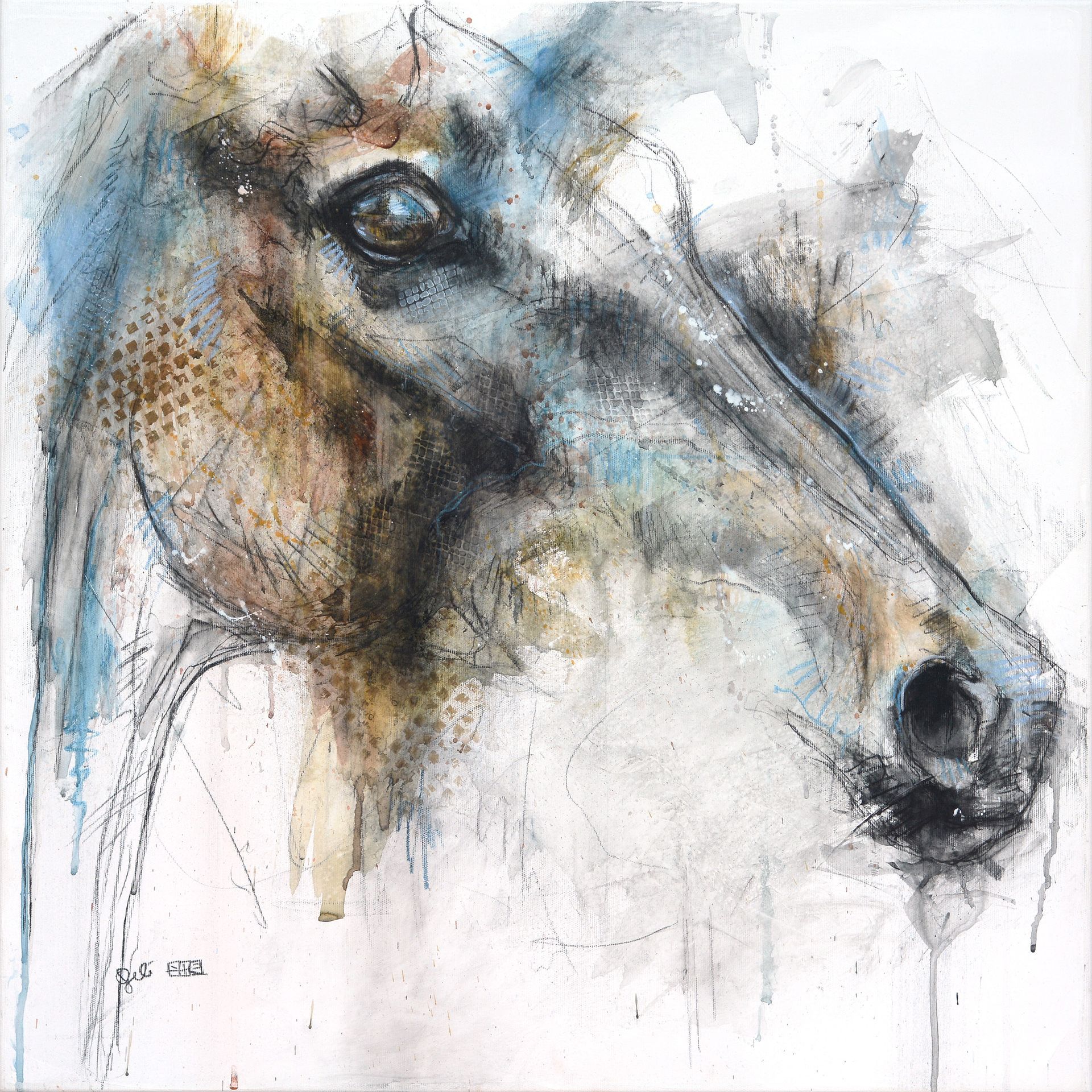 a painting of a horse 's head with a blue eye