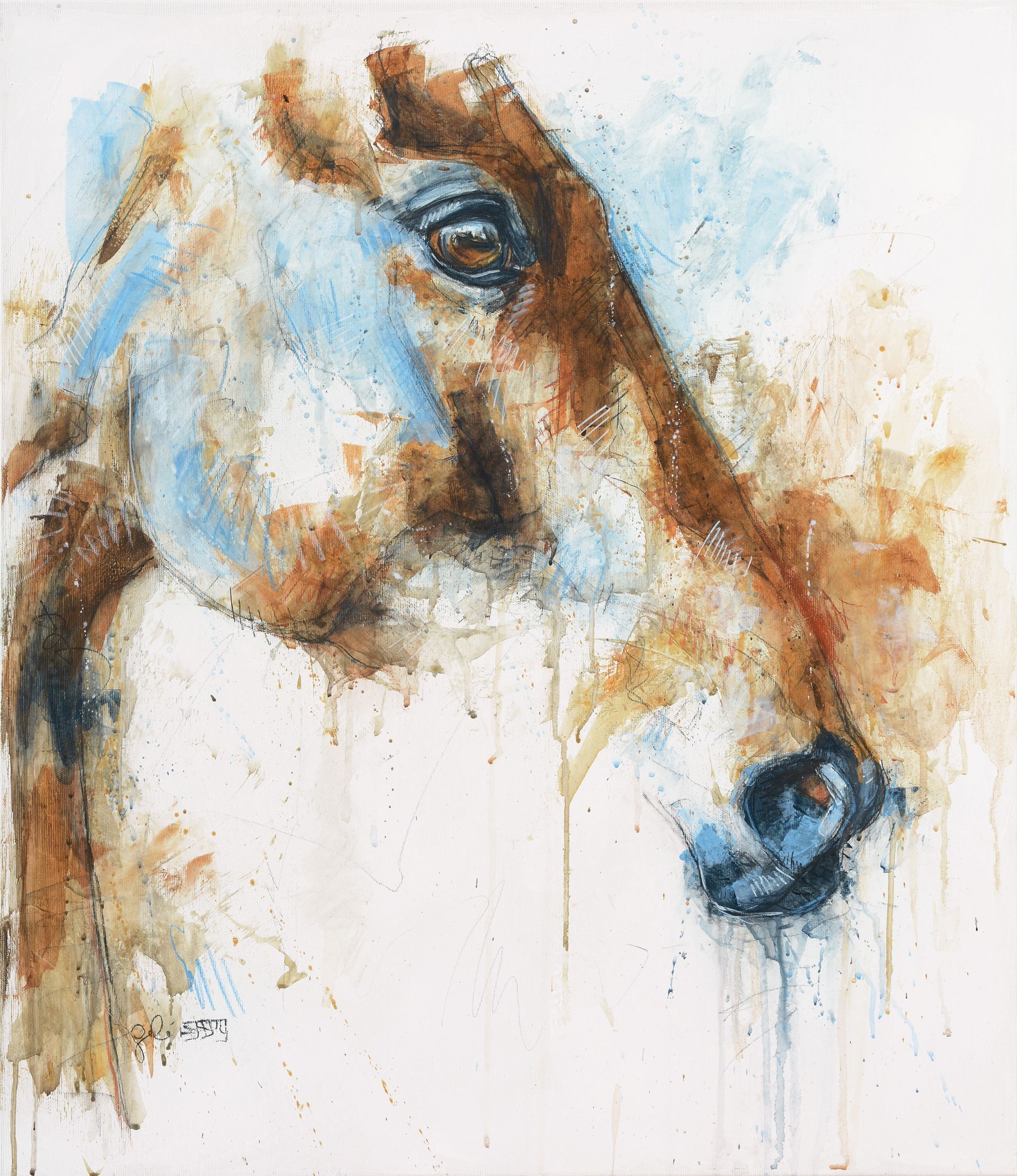 A painting of a horse 's head with a blue eye